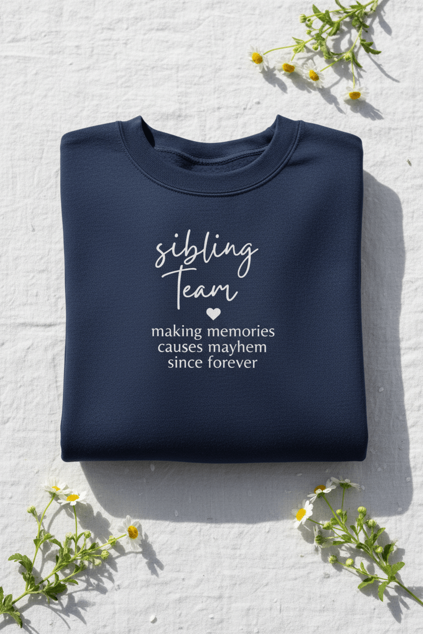 Navy crewneck sweatshirt with long sleeves and “sibling team” quote printed on chest