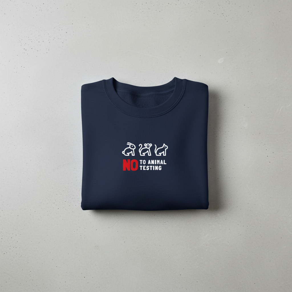 Navy sweatshirt with front 'No to Animal Testing' graphic, crew neck.