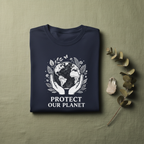 Navy blue T-shirt with globe-and-leaf 'Protect Our Planet' graphic