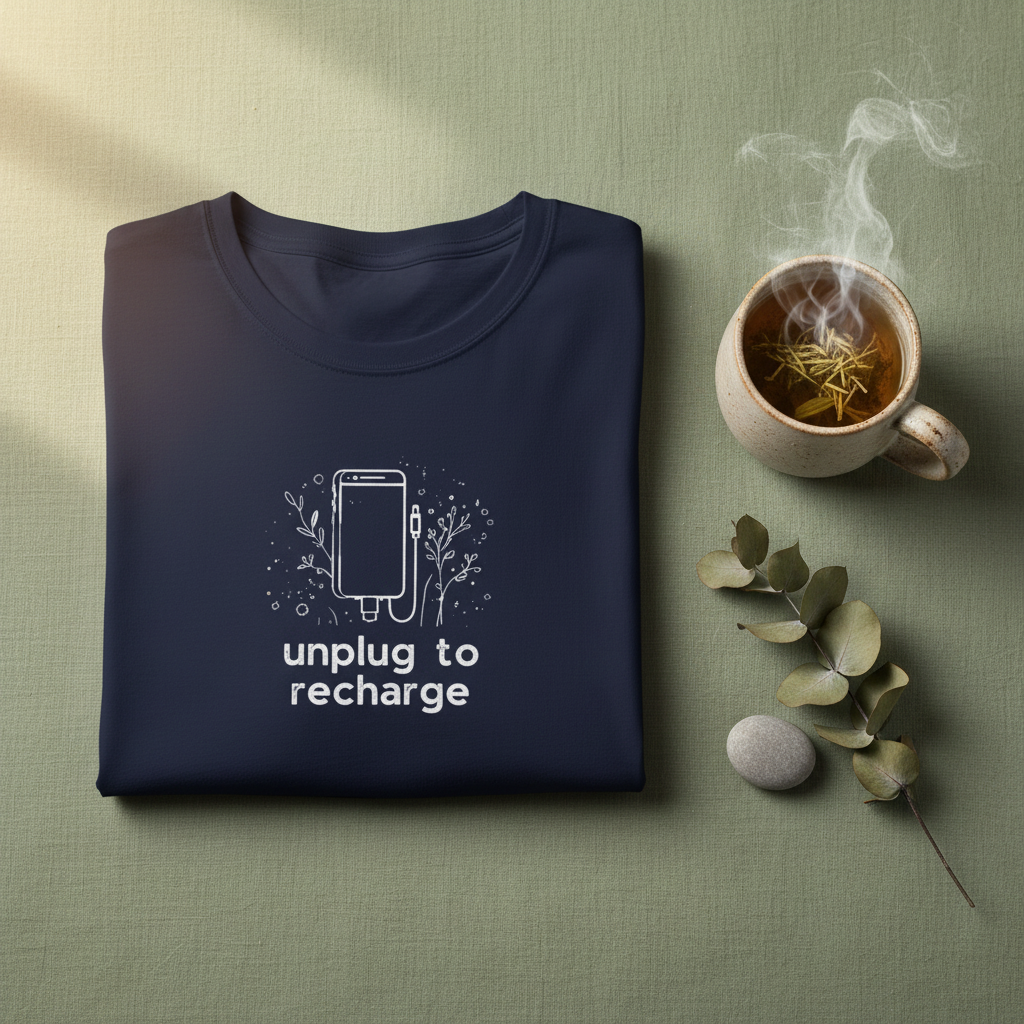 Unisex T-shirt in navy with unplug to recharge phone graphic