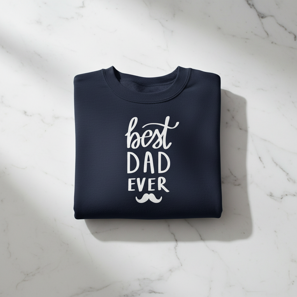 Navy crewneck sweatshirt flat lay with white 'best DAD ever' print