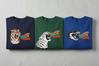 3-pack sweatshirts: navy tiger, green leopard, royal blue crocodile designs.
