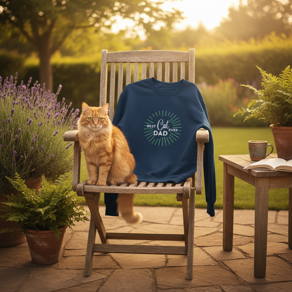 Navy garden chair with cat
