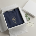 Navy T-shirt with gold "best mum ever" and name print, wrapped in tissue