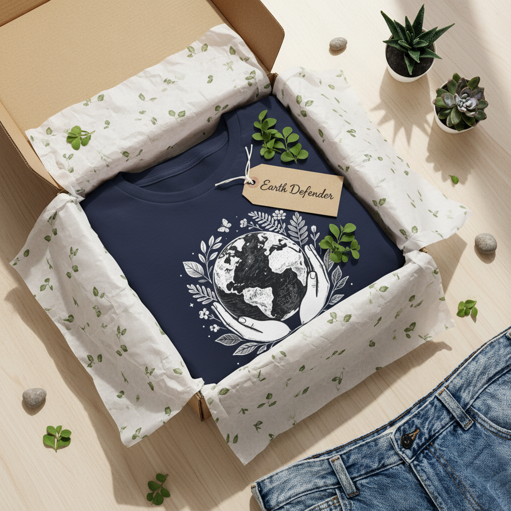 Navy T-shirt with globe-and-leaf 'Protect Our Planet' graphic