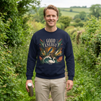 Navy unisex sweatshirt with botanical “Good Energy” front graphic