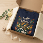 Unisex botanical sweatshirt, navy blue with bird and leaf front graphic.