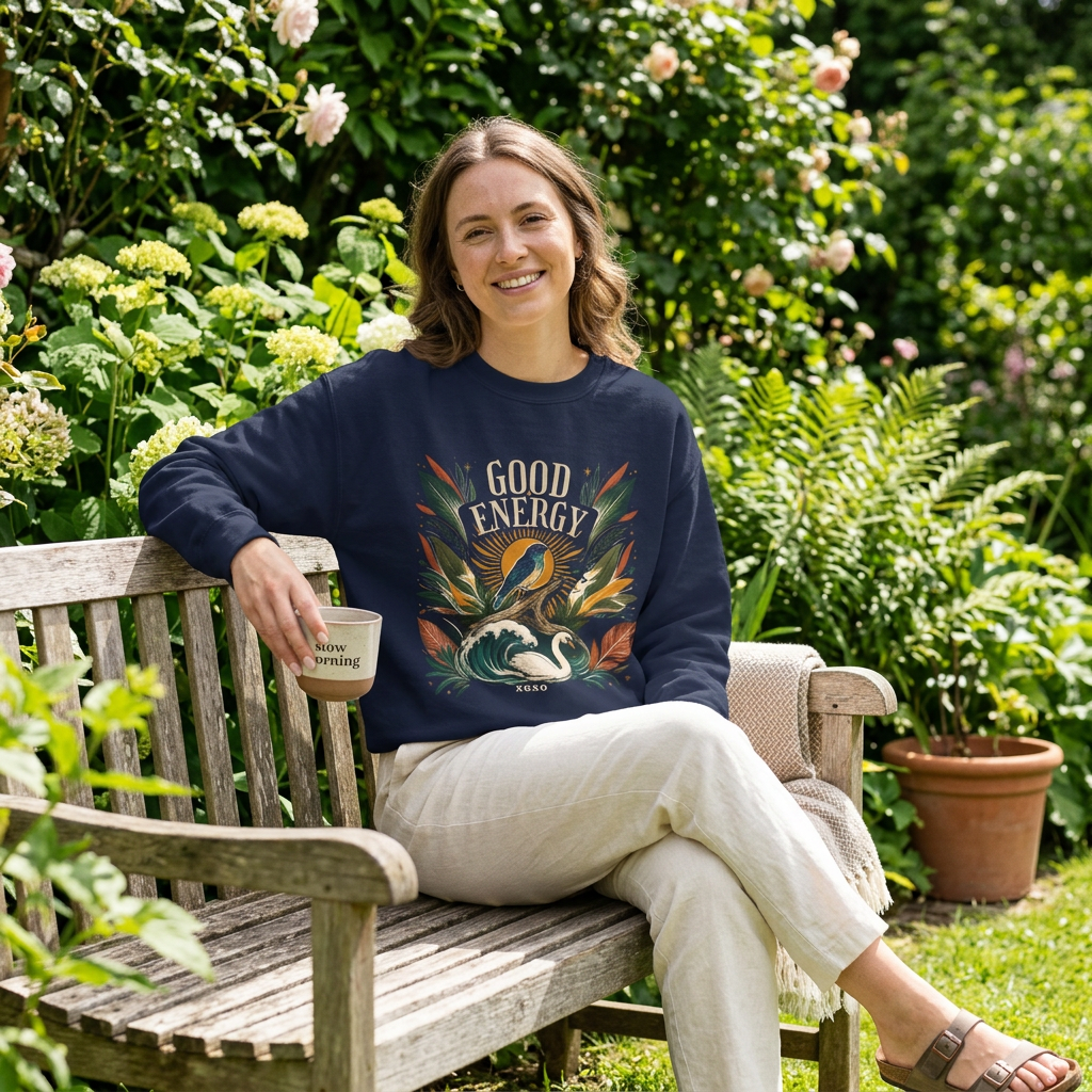 Unisex botanical sweatshirt, navy blue with bird and leaf front graphic.