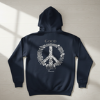 Dark navy unisex hoodie with back graphic: floral peace sign and "GOOD VIBES"