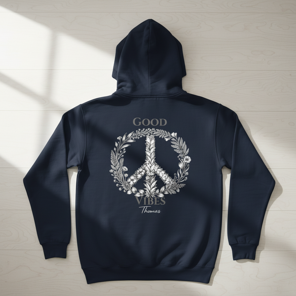 Dark navy unisex hoodie with back graphic: floral peace sign and "GOOD VIBES"