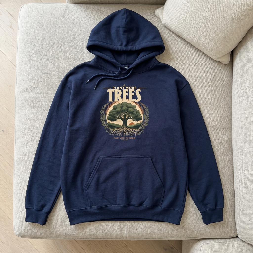 Unisex navy hoodie with front 'Plant More Trees' graphic and kangaroo pocket