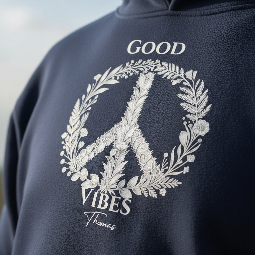 Navy unisex hoodie close-up of embroidered floral peace sign and "GOOD VIBES" text