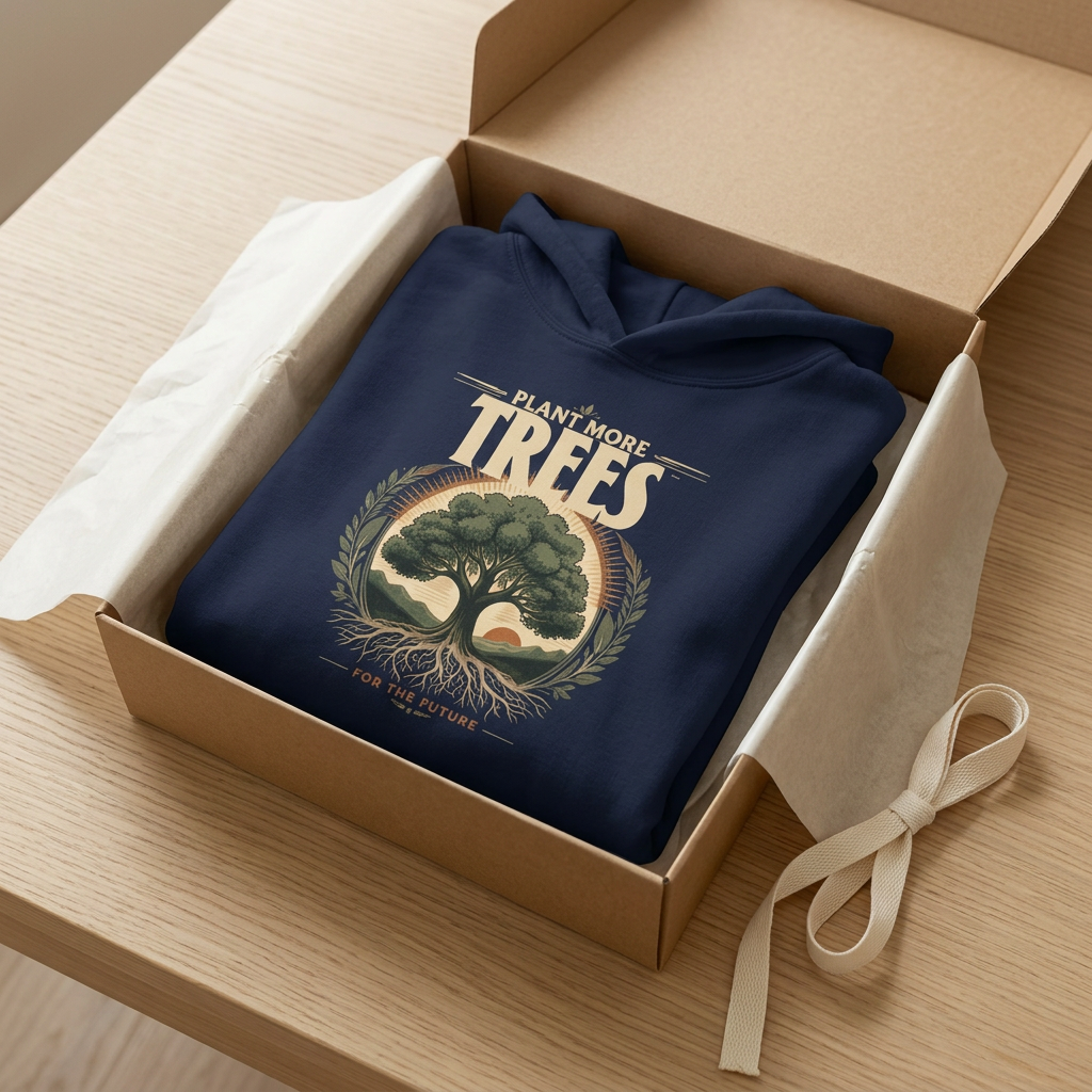 Navy unisex hoodie with “Plant More Trees” graphic on the chest and front pocket