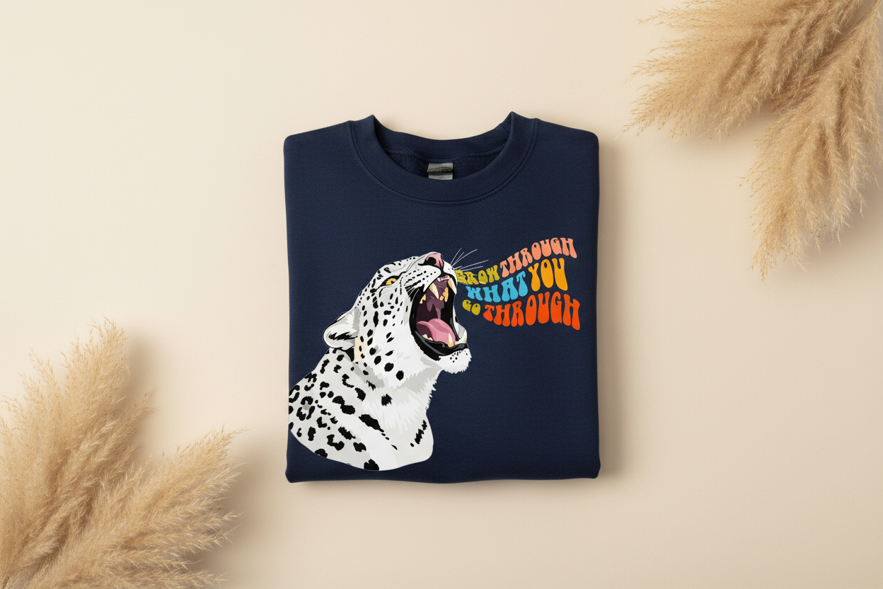 Navy crewneck sweatshirt with spotted dog graphic and orange motivational text