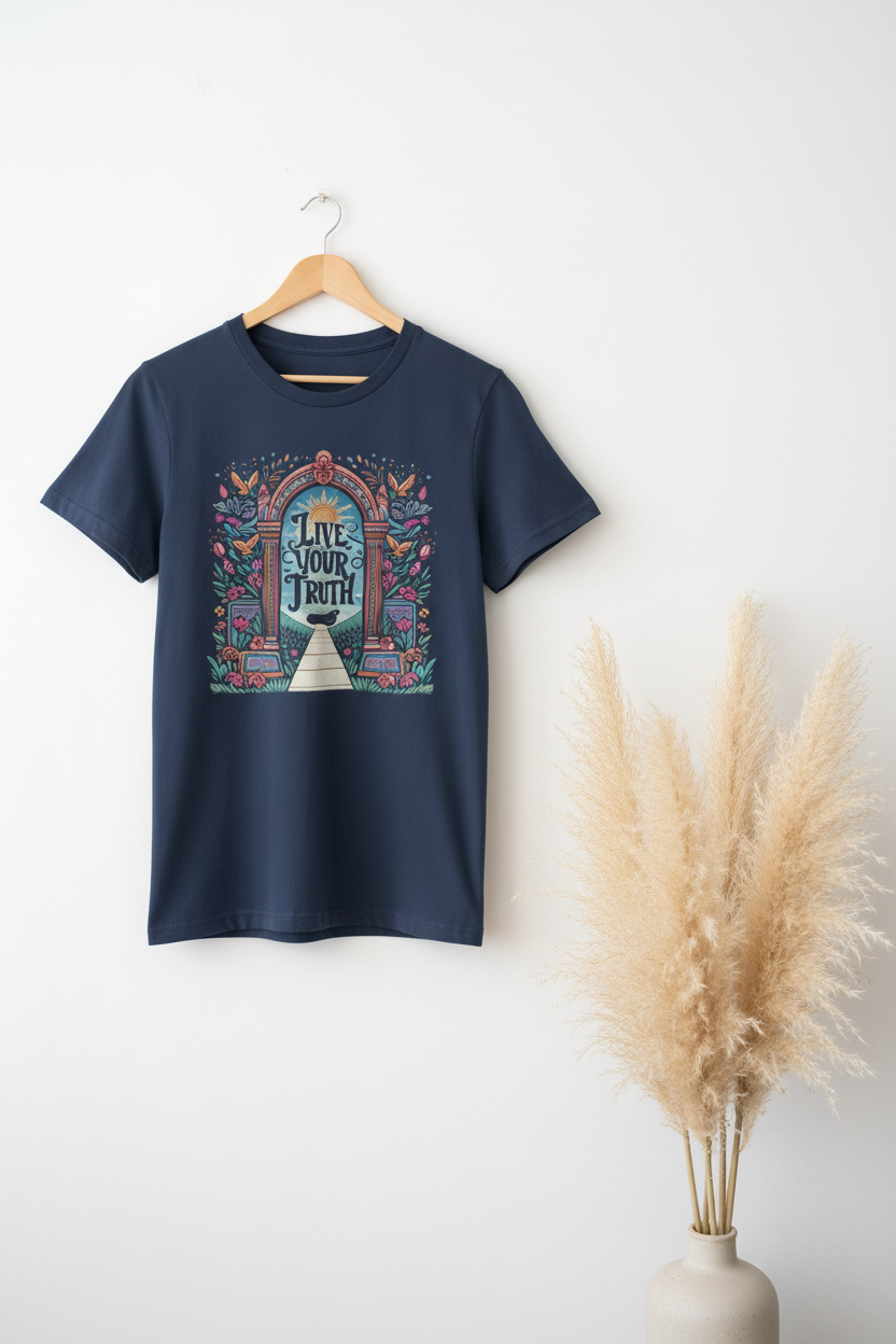 Navy graphic t-shirt on a hanger with 'Live Your Truth' front print