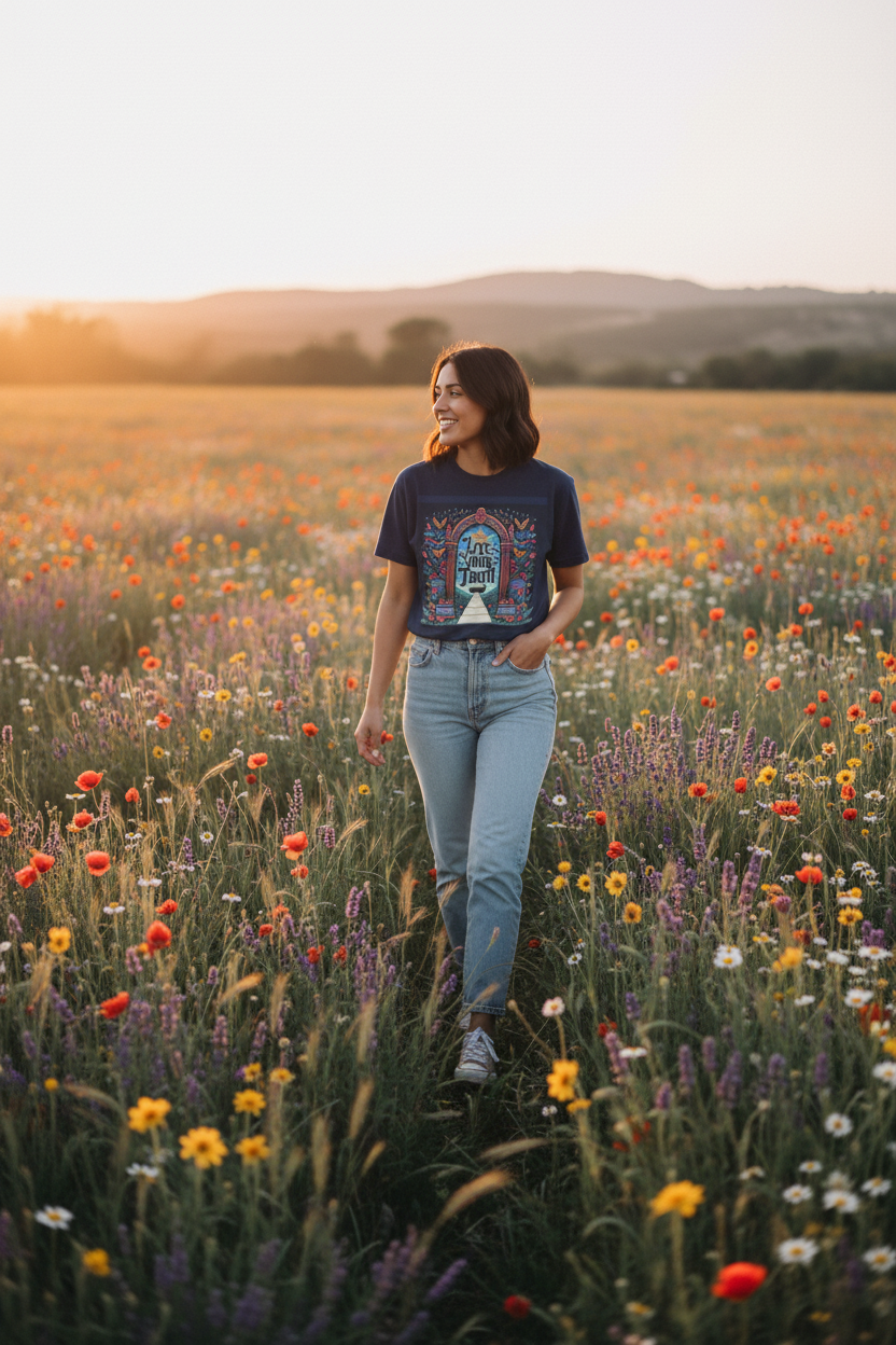 Navy graphic t-shirt with 'Live Your Truth' front print on a woman in a flower field