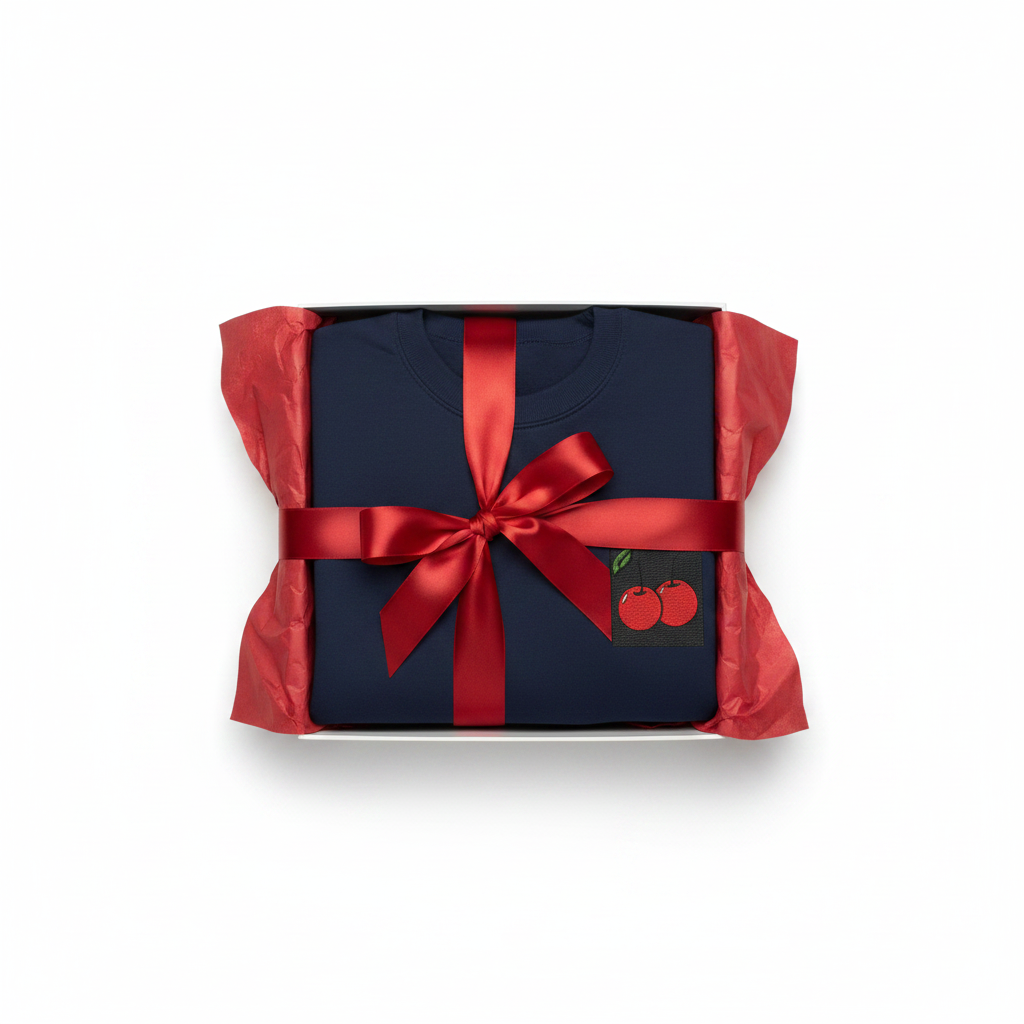 Navy crewneck sweatshirt with cherry embroidered patch, neatly folded with ribbon.