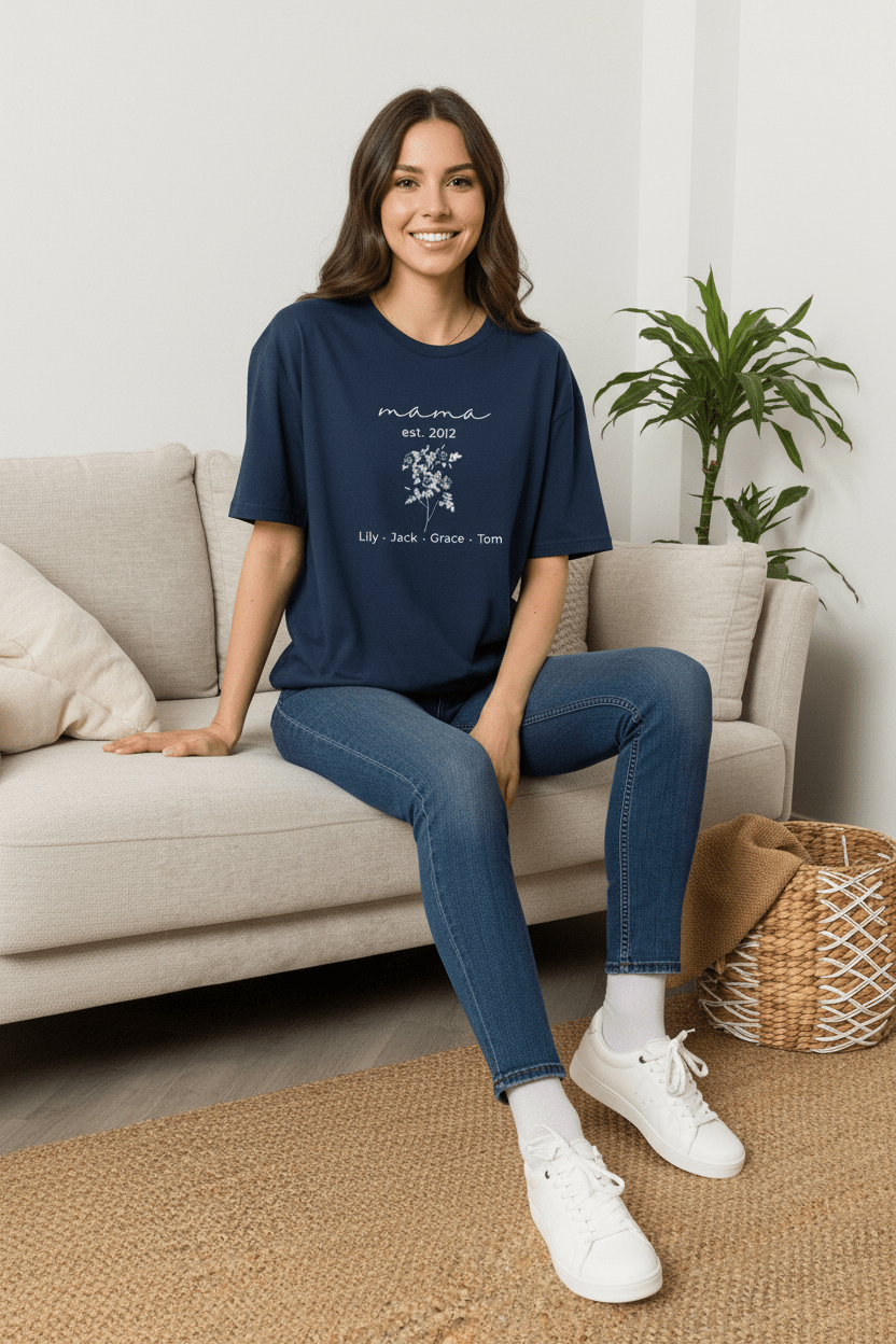 Navy floral mama T-shirt with 'mama est. 2012' and name line under print
