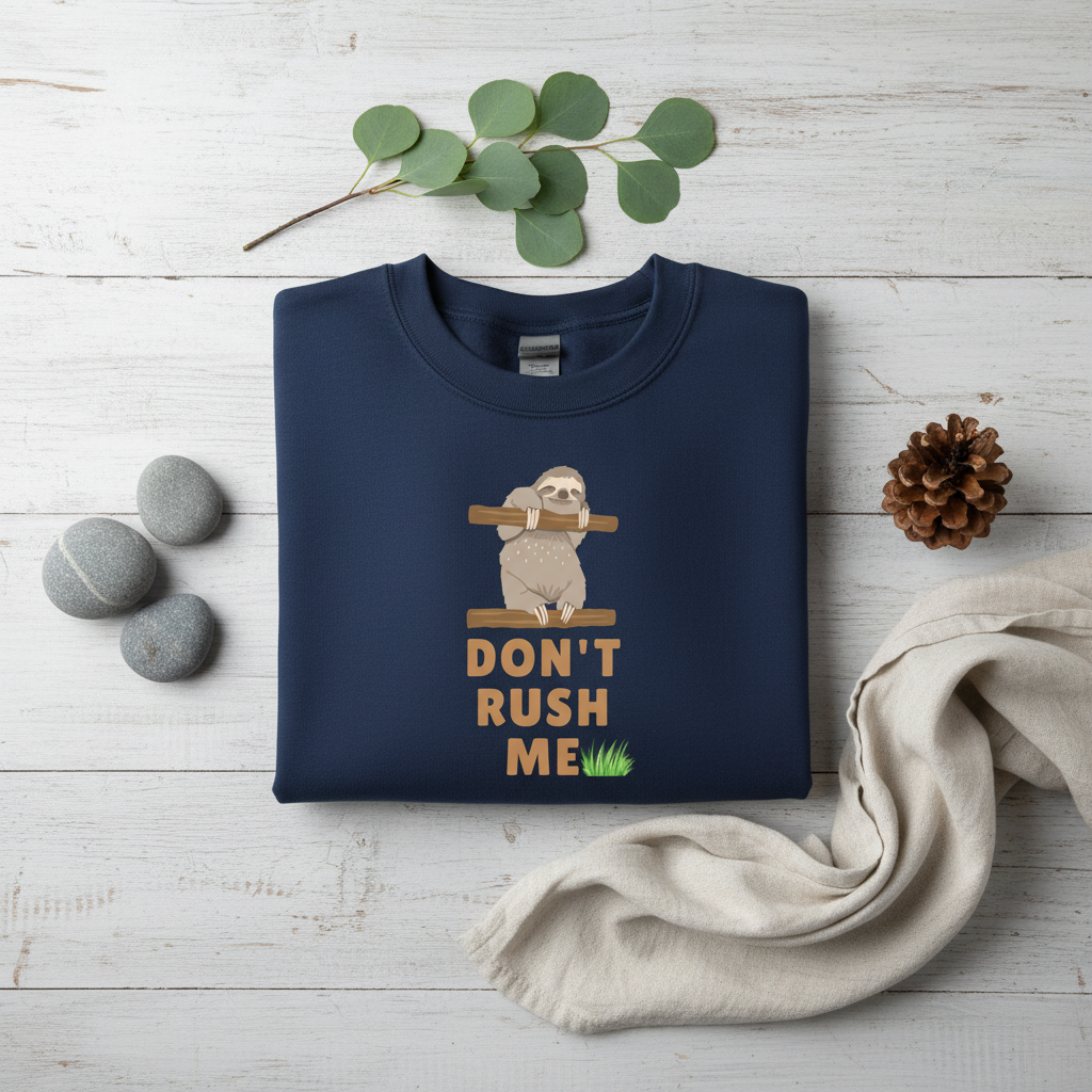 Navy sloth graphic sweatshirt, crewneck with “Don't Rush Me” chest print