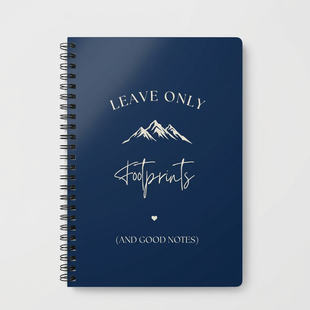 A5 hiking notebook, navy blue cover with mountain and footprint lettering