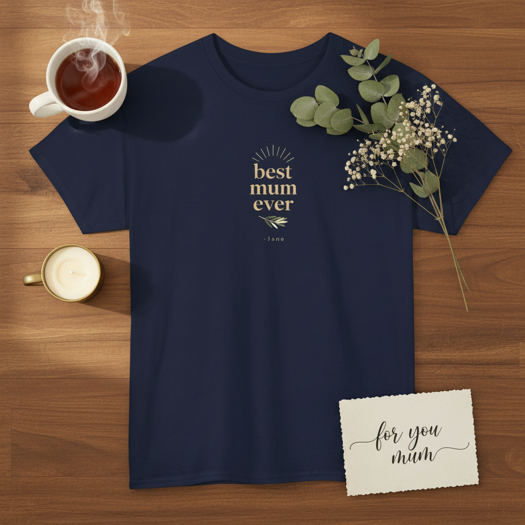 Navy T-shirt with gold "best mum ever" and floral sprig print on chest
