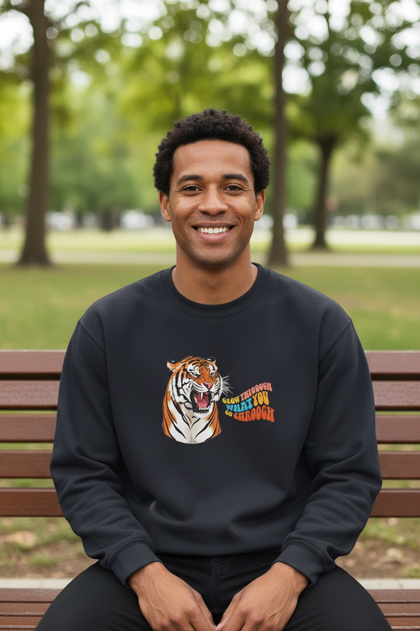 Black crewneck sweatshirt with tiger head graphic on the front, man seated outdoors