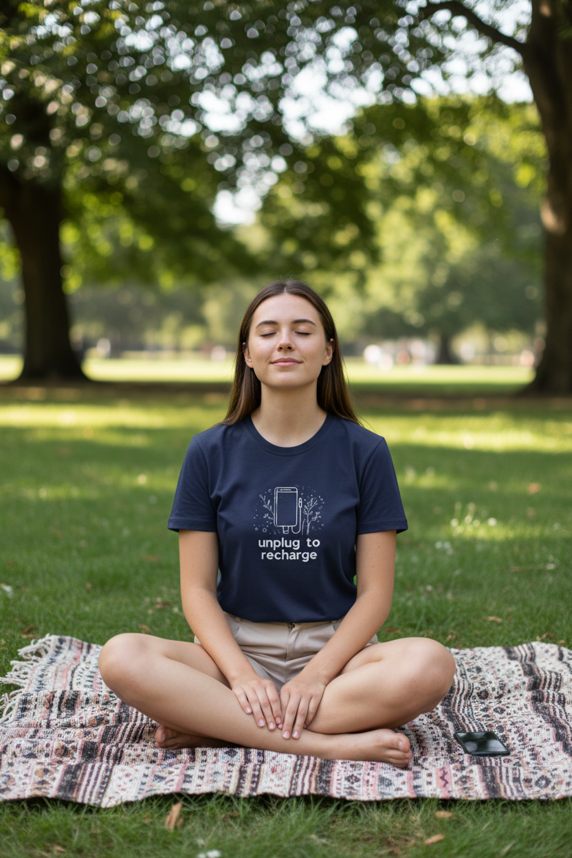 Navy unisex T-shirt with centered 'unplug to recharge' phone and floral graphic