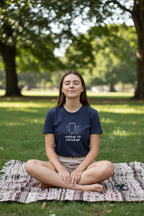 Navy unisex T-shirt with centered 'unplug to recharge' phone and floral graphic