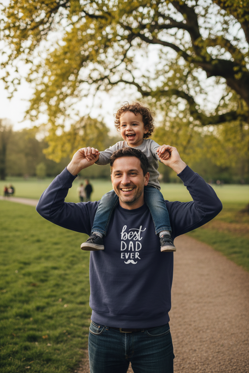 Navy crewneck sweatshirt with white 'best DAD ever' print, worn by man holding a child