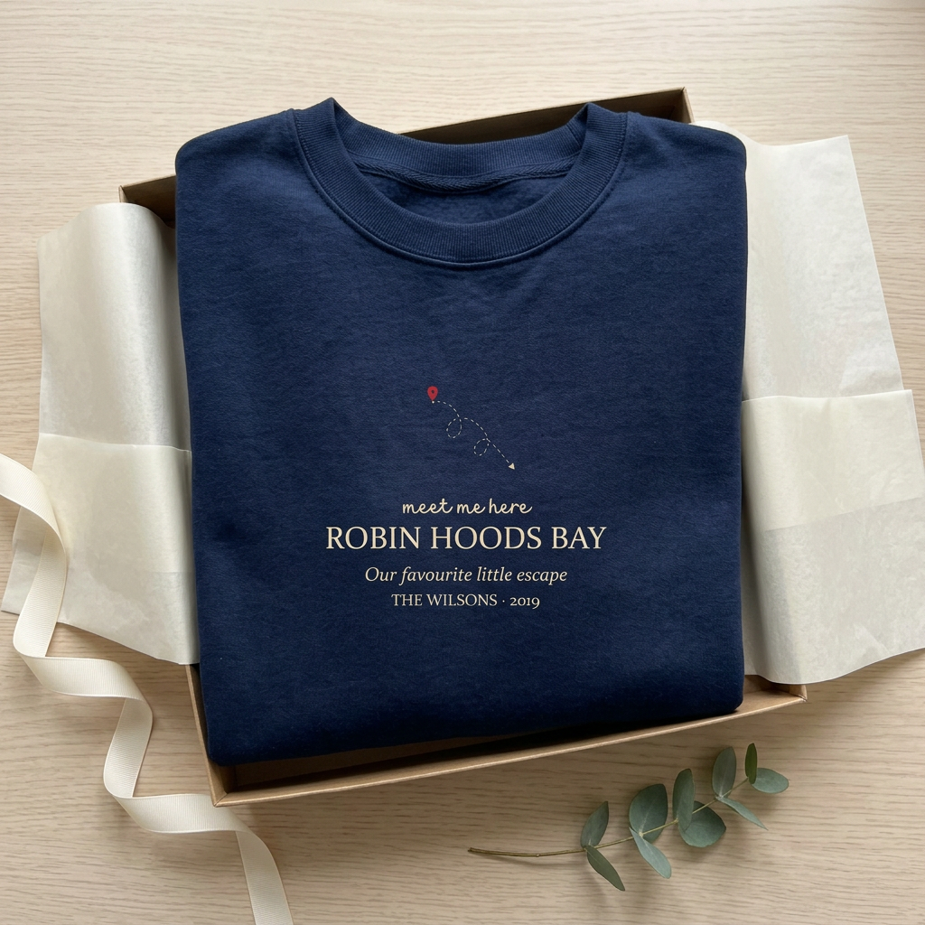 Personalised place name sweatshirt in dark blue with "meet me here" and ROBIN HOODS BAY text
