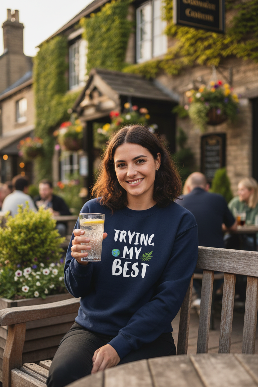 Navy sweatshirt with “TRYING MY BEST” quote print and green heart detail.