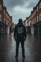 Navy unisex hoodie with Faith Over Fear back graphic, hood and kangaroo pocket