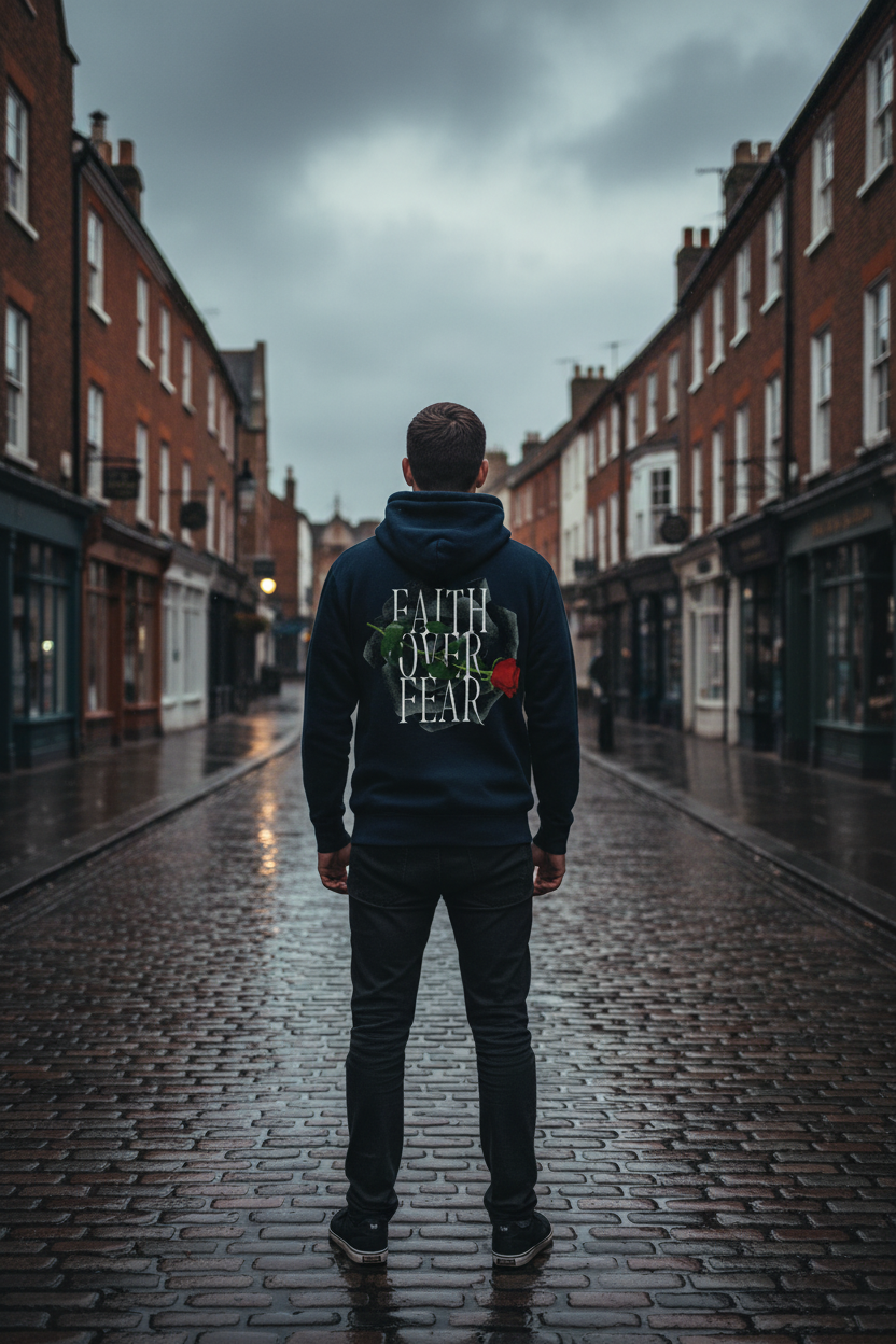 Navy unisex hoodie with Faith Over Fear back graphic, hood and kangaroo pocket