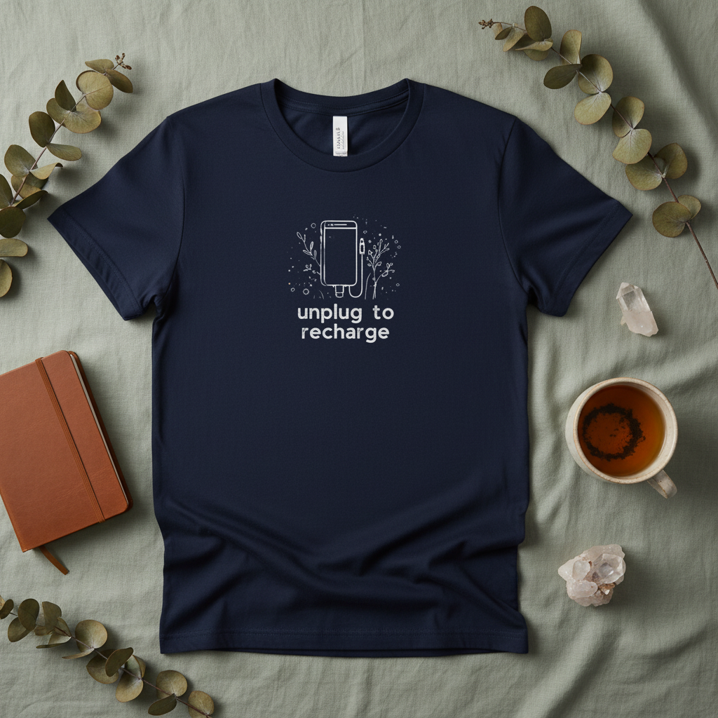 Navy unisex T-shirt flat lay with 'unplug to recharge' phone and floral graphic