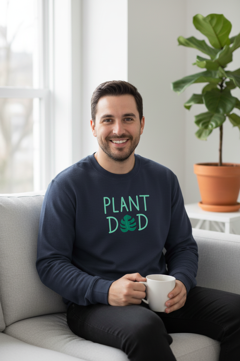 Navy crewneck sweatshirt worn by a man holding a mug, “PLANT DED” graphic