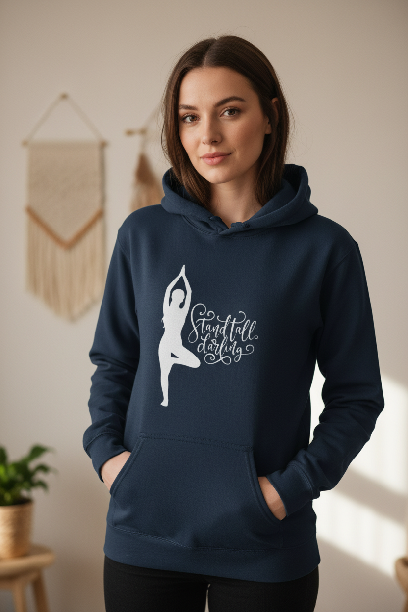 Navy pullover hoodie with front pocket, hood, and dancer silhouette inspirational graphic