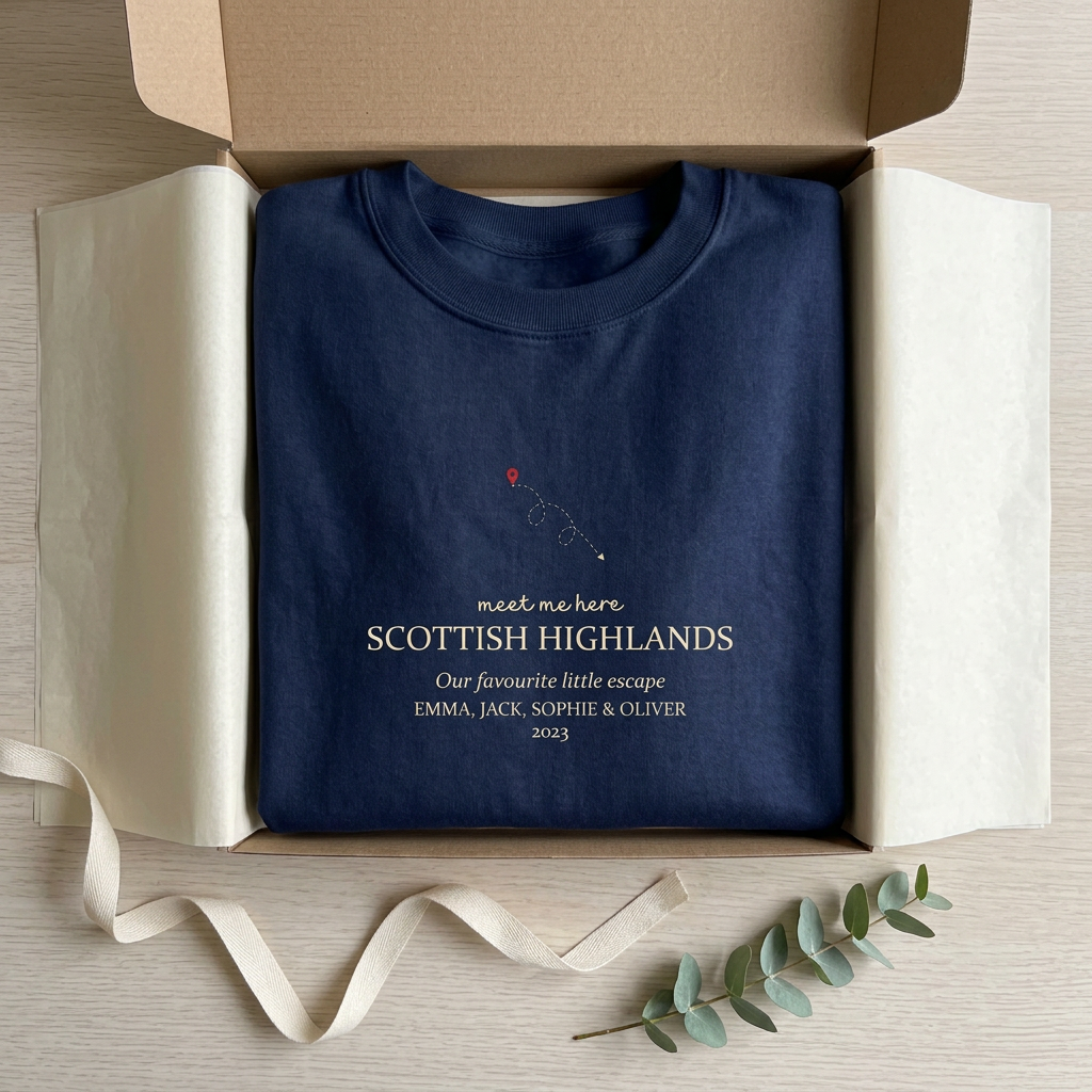 Personalised place name sweatshirt in navy with "meet me here" and SCOTTISH HIGHLANDS text