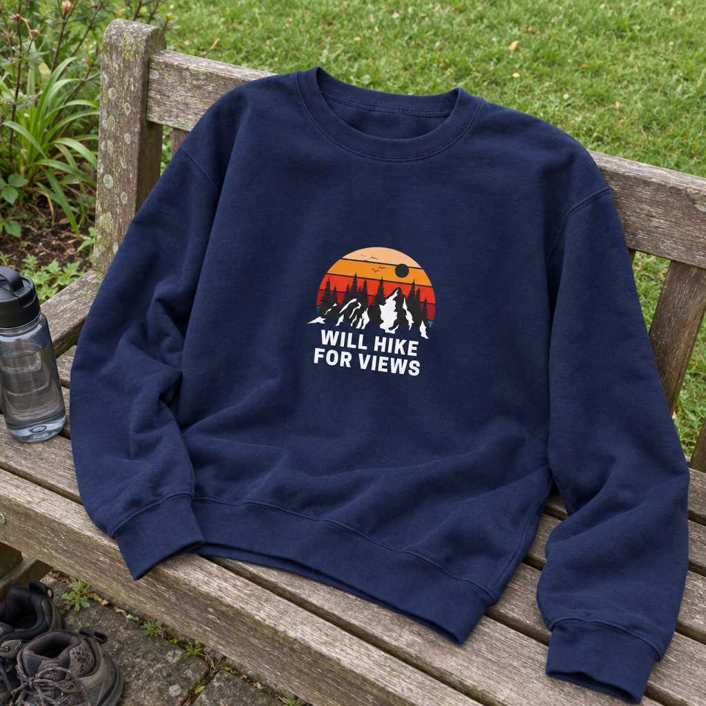 Navy sweatshirt on a garden bench after a walk