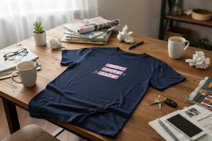 Navy T-Shirt on Cluttered Table