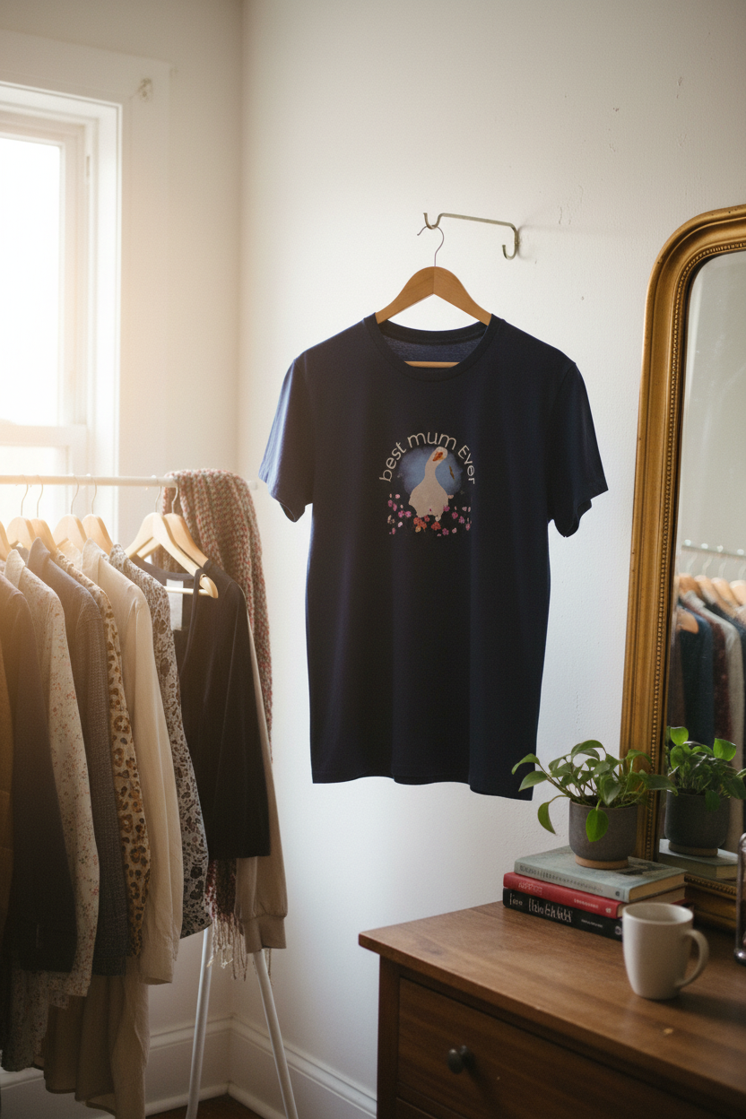 Navy t-shirt on hanger with bedroom setting