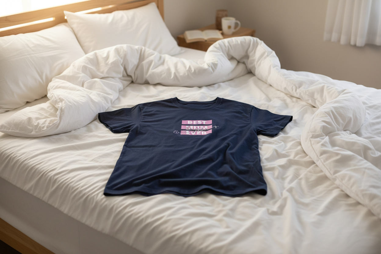 Navy T-Shirt on Messy Bed