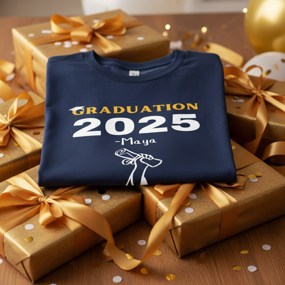 Navy t-shirt on wrapped gifts