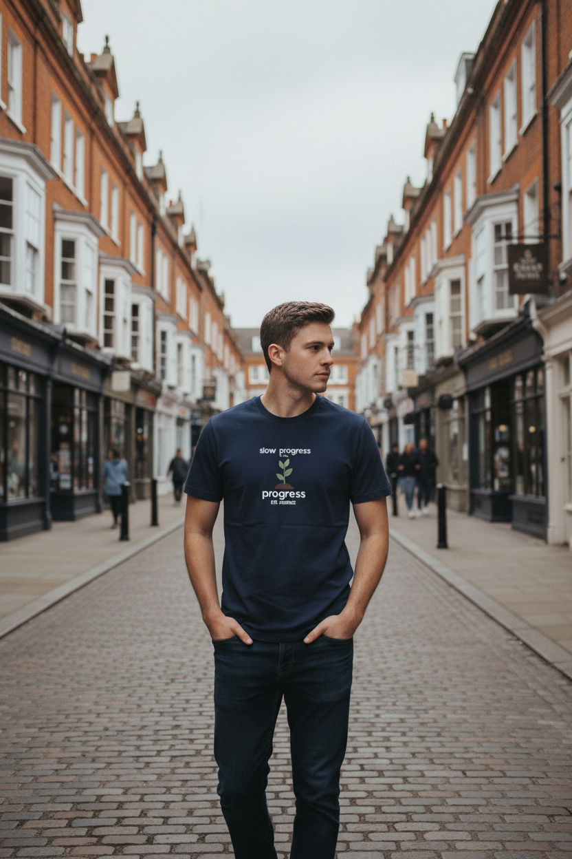 Navy motivational t-shirt with small green plant and “slow progress” slogan print