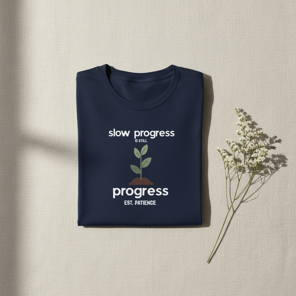 Navy T-shirt with "slow progress" slogan and minimal plant graphic, crew neck.