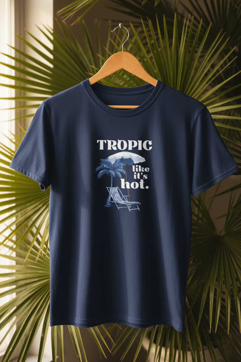 Navy crew-neck T-shirt with 'Tropic like it's hot' palm chair graphic