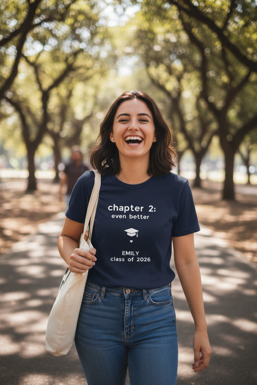 Navy tee UGC — outdoor walk