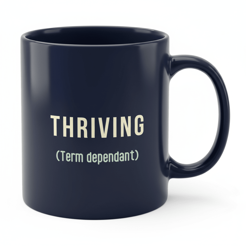 Dark ceramic mug with “THRIVING (Term dependant)” text on the front and handle.