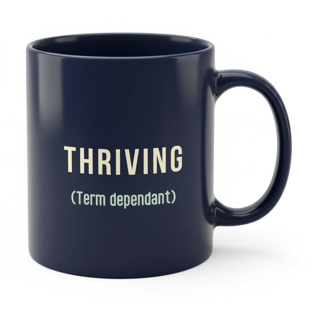 Navy THRIVING mug angled with handle