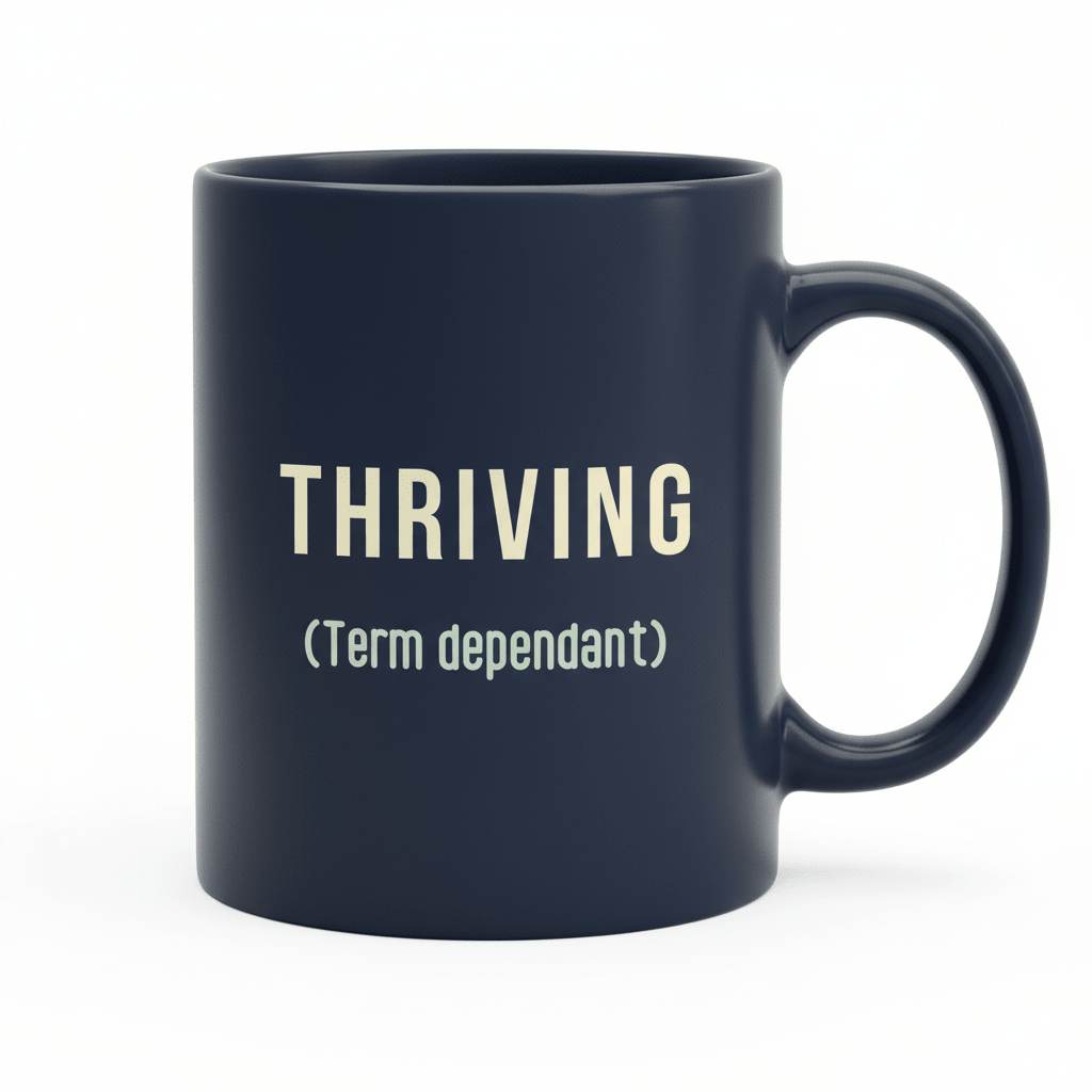 Dark ceramic mug with “THRIVING” and “(Term dependant)” printed on the front.