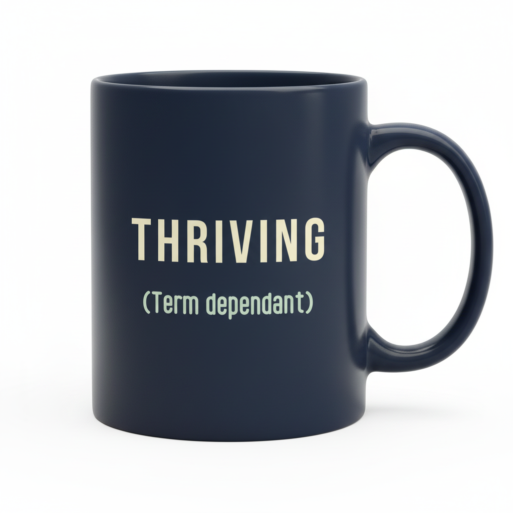 Navy THRIVING mug front view close-up